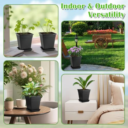 6 inch Plant Pots, 10 Pack Flower Pots Outdoor Indoor, Square Plastic Planter with Drainage Holes and Saucers, 0.5 Gallon Planter Pots for Plants Deep Capacity Garden Pot Container with Tray - size: 6 INCH / 10P