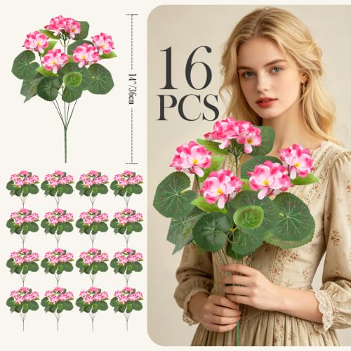 8 Bundles Artificial Geraniums,UV Resistant, Pink - color: Pink