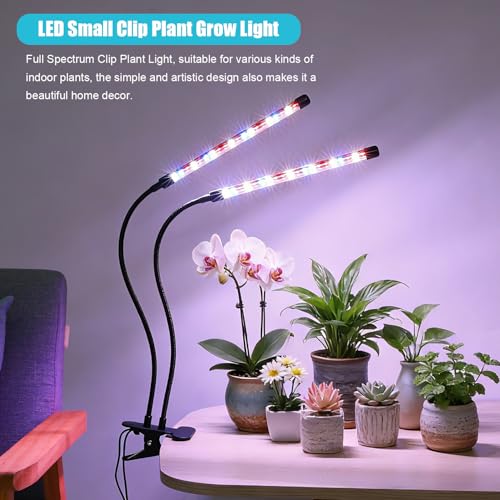Indoor Plant Grow Light, Full Spectrum Clip Plant Lamp with Red, Blue, White Light, Plant Growing Light with Adjustable Gooseneck, 4/8/12/18H Timer, 10 Brightness Levels, 3 Lighting Modes, 2 Head - size: Red+Blue+White-2 Head 1Pack