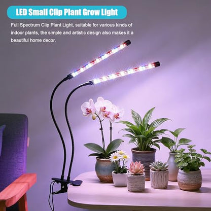 Indoor Plant Grow Light, Full Spectrum Clip Plant Lamp with Red, Blue, White Light, Plant Growing Light with Adjustable Gooseneck, 4/8/12/18H Timer, 10 Brightness Levels, 3 Lighting Modes, 2 Head - size: Red+Blue+White-2 Head 1Pack