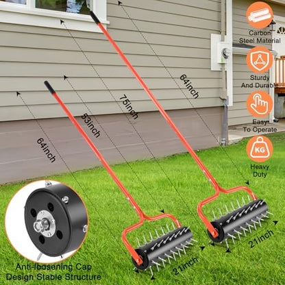 21" Rolling Lawn Aerator, 45 Preassembled Spikes, Only Needs 3-5 Minutes to Assemble, No Looseness, Good Package, 75" Long Handle with Quick Clip Connections, U-Shape Construction - Orange. - size: Orang