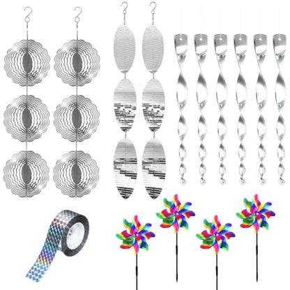 15Pack Bird Deterrents for Outside Patio - Bird Repellent Devices Outdoor with Pinwheels, Reflective Spinners & Tape, Bird Reflectors to Keep Birds Away, Woodpecker Deterrent for House Yard Garden