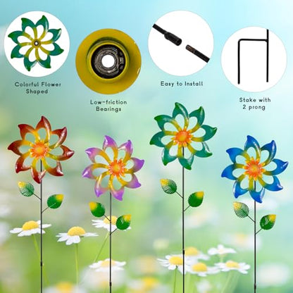 4 Pack Wind Spinners Outdoor, Colorful Metal Flower Windmill - size: 4 Pack-27x7