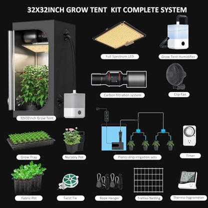 Upgrade Integrated Auto Grow Tent Kit Complete Kit, S1000 LED Grow Light, 32"x32"x64" Grow Tent, 4“ Ventilation with Inline Fan, Carbon Filter, Irrigation Kit, Humidifier and Clip Fan - size: 32"X32"X64"