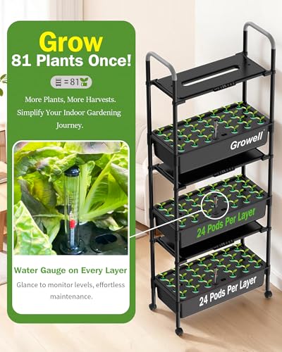 Growell 81 Pods Hydroponics Growing System Kit with Independent Water Pump - color: Black, size: 26" - 3 Tier (81 Pods)