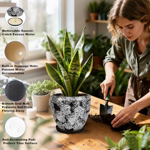 Ceramic Plant Pots With Saucer & Drainage, 6 inch Indoor Flower Pots - color: Gray, size: 6 inch