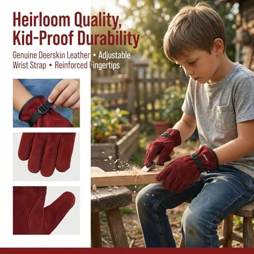 Kids Leather Work Gloves Age 2-15, Extra Soft Deerskin Suede (Red, 10-15Y) - color: Red 1 Pair, size: Large (10-15 Years Old)