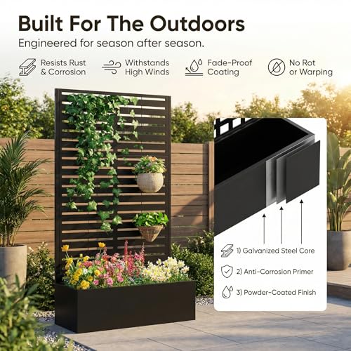 TABU Metal Planter Box with Trellis for Climbing Plant,71"x47"x16",Black