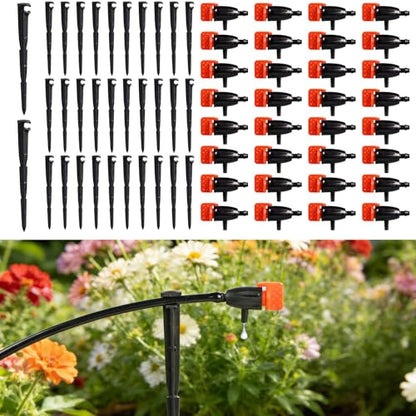 32Sets Irrigation Dripper Kit-Adjustable Water Drip Emitter & Support Stake