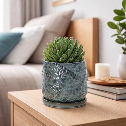 D'vine Dev Embossed Leaves Ceramic Planter, 5 in, Ocean Teal, 27-A-V-8 - color: Ocean Teal, size: 5 Inch