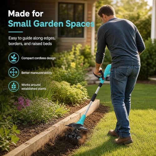 20V Cordless Tiller Cultivator 9" Wide Mini Garden Tiller with 2 Batteries