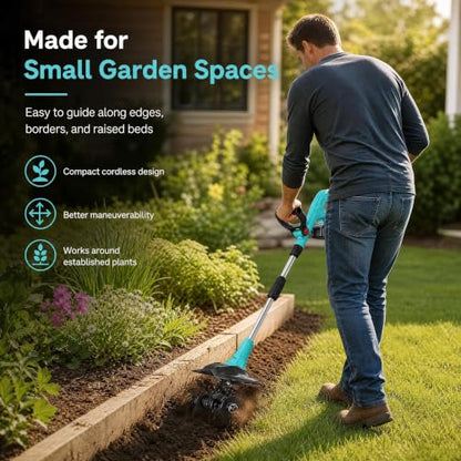 20V Cordless Tiller Cultivator 9" Wide Mini Garden Tiller with 2 Batteries