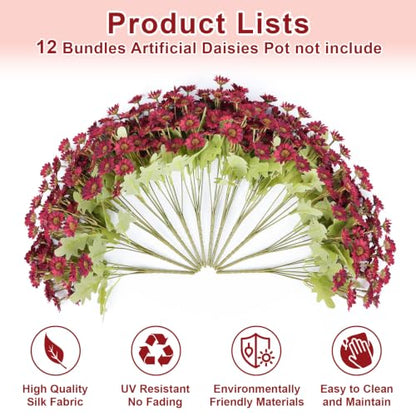 Artificial Daisy Mums for Outdoors, 12 PCS Fall Flowers, Burgundy - color: Burgundy
