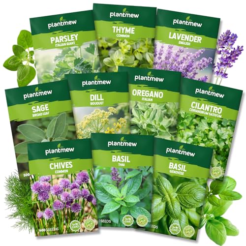 10 Herb Seeds Variety Pack - 7,000+ Heirloom Seeds - Basil, Cilantro, Lavender, Parsley, Dill, Thyme, Chives, Oregano, Sage, Herb Garden Kit for Planting Home Garden, Gardening Gift