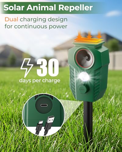 Solar-Powered Ultrasonic Animal Repeller for Outdoor Yards & Gardens with Motion Sensor – Waterproof Deer Repellent Devices Repel Deer, Raccoons, Rabbits & Cats