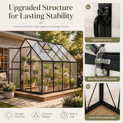 HOOYEAH Greenhouse Kits for Outdoors, 6x10 FT Walk-in Plant Green House with Locking Door & Roof Vent, Heavy Duty Aluminum Frame Winter Greenhouse for Backyard Gardening - size: 6 x 10 FT