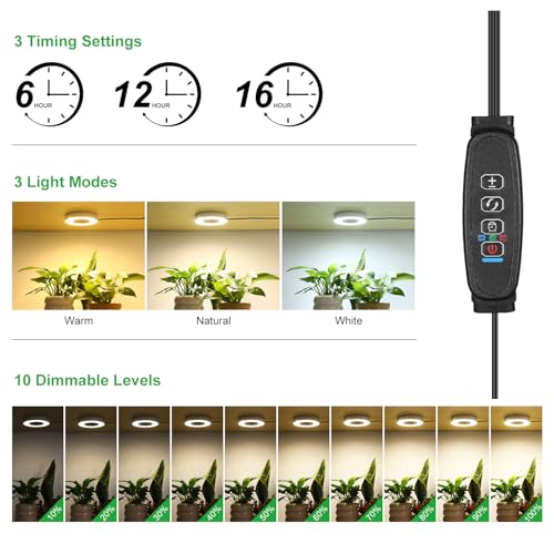 Ceiling LED Plant Growth Lights for Indoor Plants, Warm+White Full Spectrum 3.54" Grow Lamps for Plant Growth with 6/12/16H Timer, 3 Spectral Modes, 10 Dimmable Levels, Halo Angel Ring White (2 Head) - size: 3.54in 2 Head