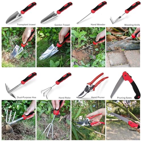 WisaKey 9 Piece Gardening Tools Heavy Duty Garden Tool Set with Handbag Red