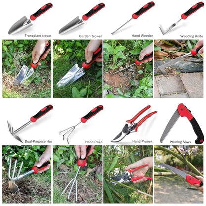 WisaKey 9 Piece Gardening Tools Heavy Duty Garden Tool Set with Handbag Red