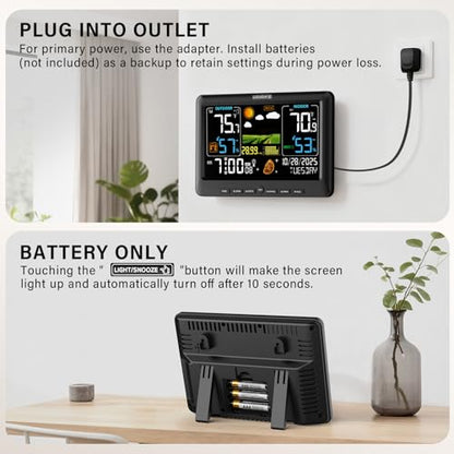 BluSon Weather Station Wireless Indoor Outdoor Thermometer, Atomic Clock - color: Black