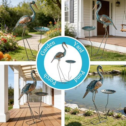 Metal Crane Garden Statue for Outside with Leaf Tray - color: Gold & Blue-crane