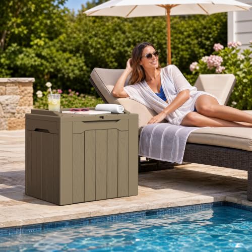 Flamaker Deck Box 31 Gallon Waterproof Resin Small Storage Box with Lid - color: Light Brown, size: 31 Gallon