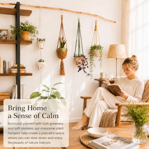 Bouqlife 6 Pack Macrame Plant Hangers Set with Hooks Indoor Hanging Planters with Patterns Handmade Cotton Rope Crochet Boho Plant Flower Pot Holders Fits Different Pot Sizes