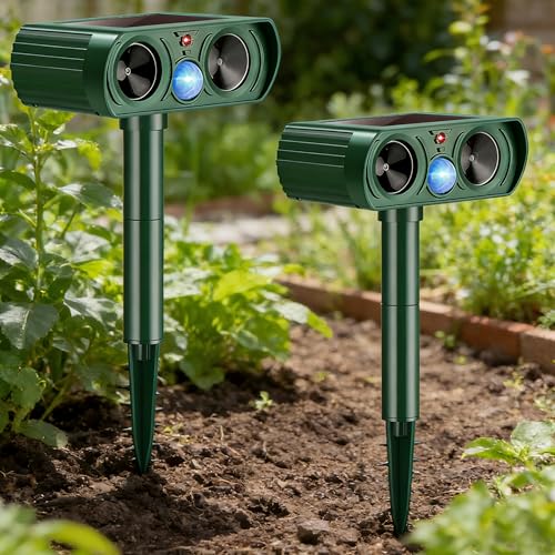 2 Pack Solar Ultrasonic Animal Repeller 2025 Waterproof Deer Repellent Devices Motion Sensor Flashing Light Deterrent for Deer, Rabbits, Raccoons, Dogs, Cats, Skunks, Squirrels Rodents