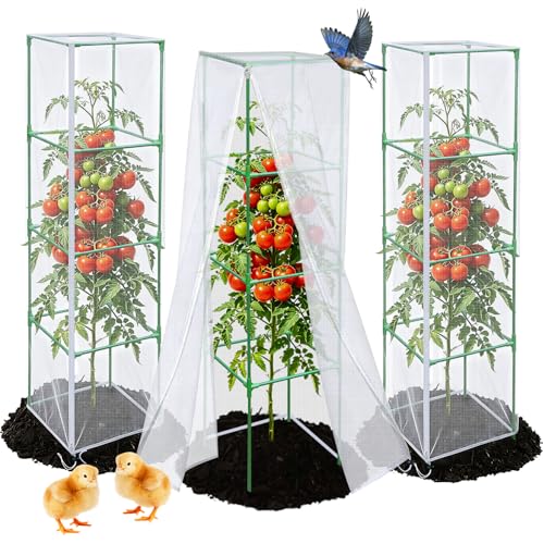 3 Pack Bird Netting Plant Cover for Tomato Cage with Zipper Drawstring, 57"x17.7" Mesh Covers for Garden Plants, Insect Small Animal Barrier Protection Net for Blueberry Bush Shrubs Fruits (No Cage)