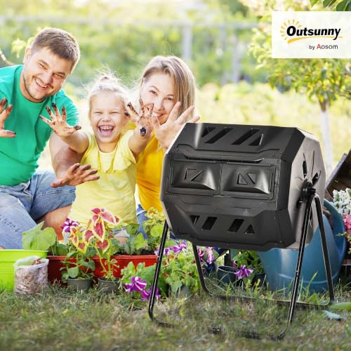 Outsunny Tumbling Compost Bin 360° Dual Chamber 43 Gallon, Black - color: Black