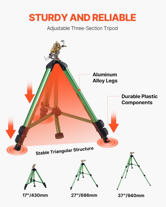 VEVOR Impact Sprinkler on Tripod Base, Heavy Duty Tripod Sprinklers with Brass Head & 3/4" Connector, 360 Degree Large Area Coverage Irrigation Sprinkler, Adjustable Heights for Yard Green - size: 37", style: 1PC