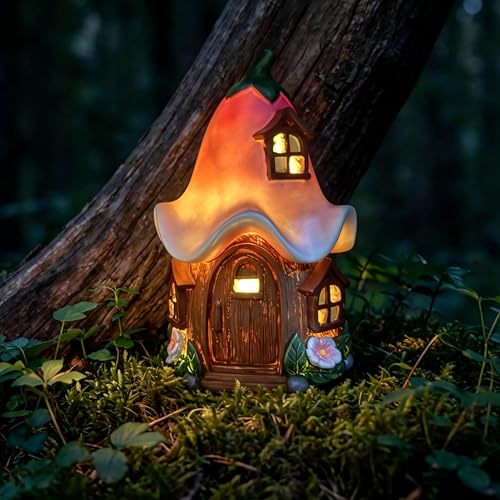 Solar Fairy Garden House, 6.6-Inch Hand-Painted Resin Yard Decor