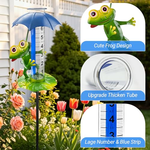 Rain Gauge Outdoor, 0-7 Inch Decorative Frog Rain Gauge with Garden Stake