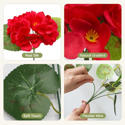 8 Bundles Artificial Geraniums, UV Resistant, Red - color: Red