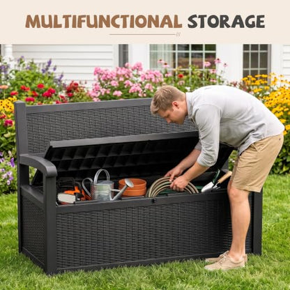 EFU Outdoor Bench Storage Deck Box,100 Gallon Waterproof Wicker - color: Black