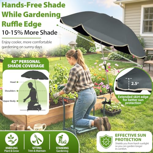 Garden Kneeler Umbrella with Clamp,42” Canopy, UPF50+ Sun Protection - color: Grey