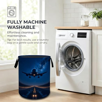 Airplane Laundry Basket,Night Runway Jet Hamper for Home 19.7x15.7 In - color: Airplane