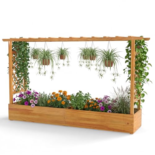 Happygrill 45" Raised Garden Bed with Trellis & Hanging Roof - size: 77" x 16.5" x 45"