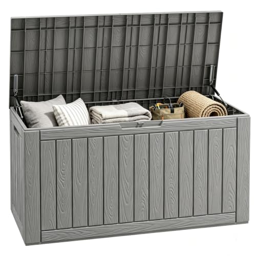 Fancyango 110 Gallon Waterproof Deck Box, Resin Outdoor Storage Box, Grey - color: Striped Grey, size: 110 Gallon