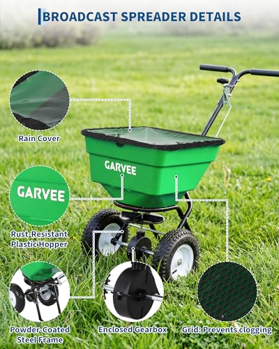 Heavy Duty 100L Push Broadcast Spreader – 12FT Spreading Width, 13" All-Terrain Wheels, Adjustable Current, Walk-Behind Lawn & Garden Seeder for Fertilizer, Grass Seed, Salt, Ice Melt – Green