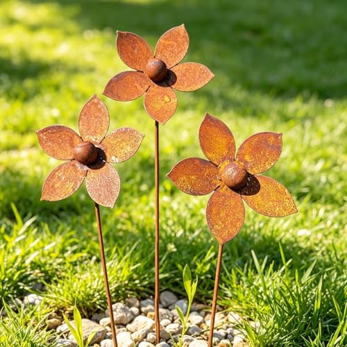 Rustic Metal Coneflower Garden Stakes, Set of 3 Rusted Iron Daisy Yard Art - color: Metallic