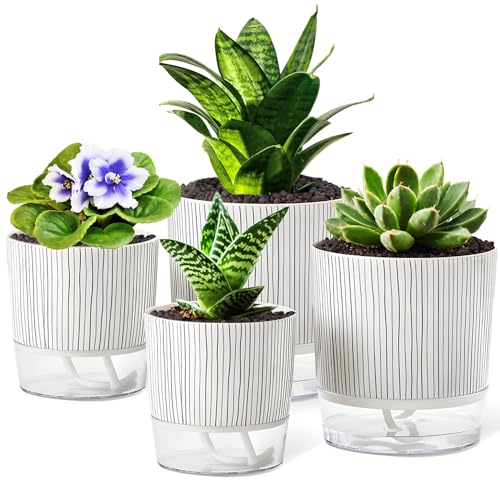 4 Pack Self Watering Pots, 4/5.5 Inch Self Watering Pots for Indoor Plants - color: 4+5.5inch, 4pcs Black Stripes