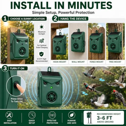 2 Pack Solar Bird Repellent Devices Outdoor Ultrasonic Bird Repeller