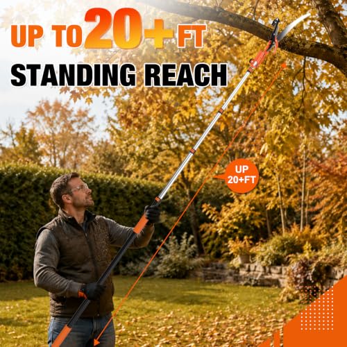 LAANPOLE 26FT Reach Tree Trimmer, Manual Pole Saw with 5-20FT Extension Pole, Tree Pruner Extendable for High Tree Branch Trimming Pruning Cutting - size: 20FT