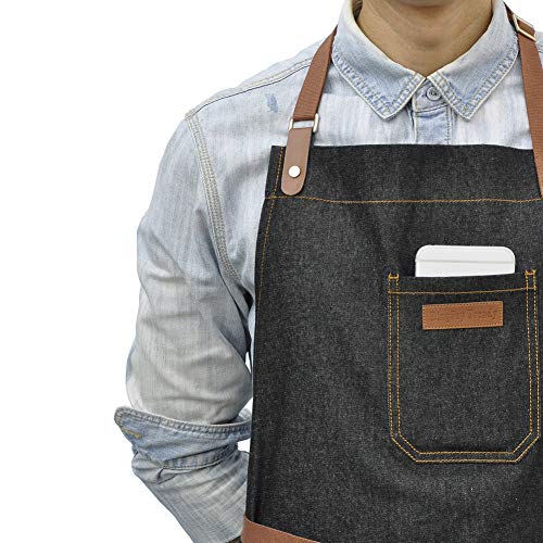 Chef Apron with Pockets & Towel Loop,Mens Womens,Black Denim - color: Black Denim