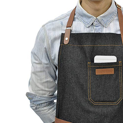 Chef Apron with Pockets & Towel Loop,Mens Womens,Black Denim - color: Black Denim