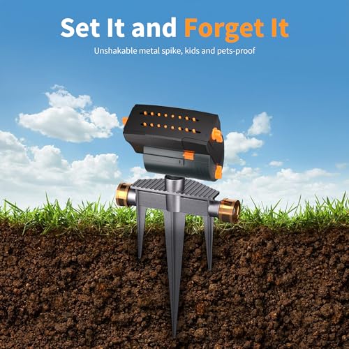 Diivoo Garden Sprinkler with Step Spike Base, Mini Turbo Oscillating Water Sprinklers for Yard, Adjustable Width, Range and Flow Rate, 16 Nozzles, Grey - color: Orange