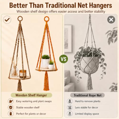 Macrame Hanging Planter with Shelf, Boho Plant Hanger for Indoor Window - color: Khaki + Orange
