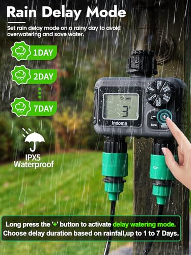 Insoma 2 Zone Water Timer, Programmable Irrigation Sprinkler Timer for Garden Hose, Outdoor Hose Faucet Timers with Rain Delay/Manual/Auto Modes, IPX5 Waterproof for Drip System & Lawn - size: 2 Zone-Plastic