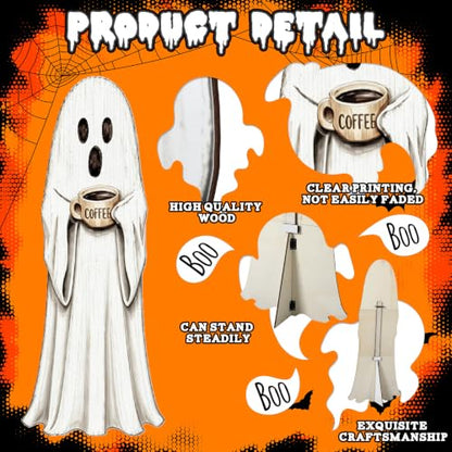 37.4 Inch Halloween Front Porch Decor, Coffee Ghost Wooden Porch Sign - style: Ghost
